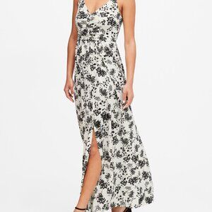 Banana Republic black flower print maxi dress rushed front spagetti straps S